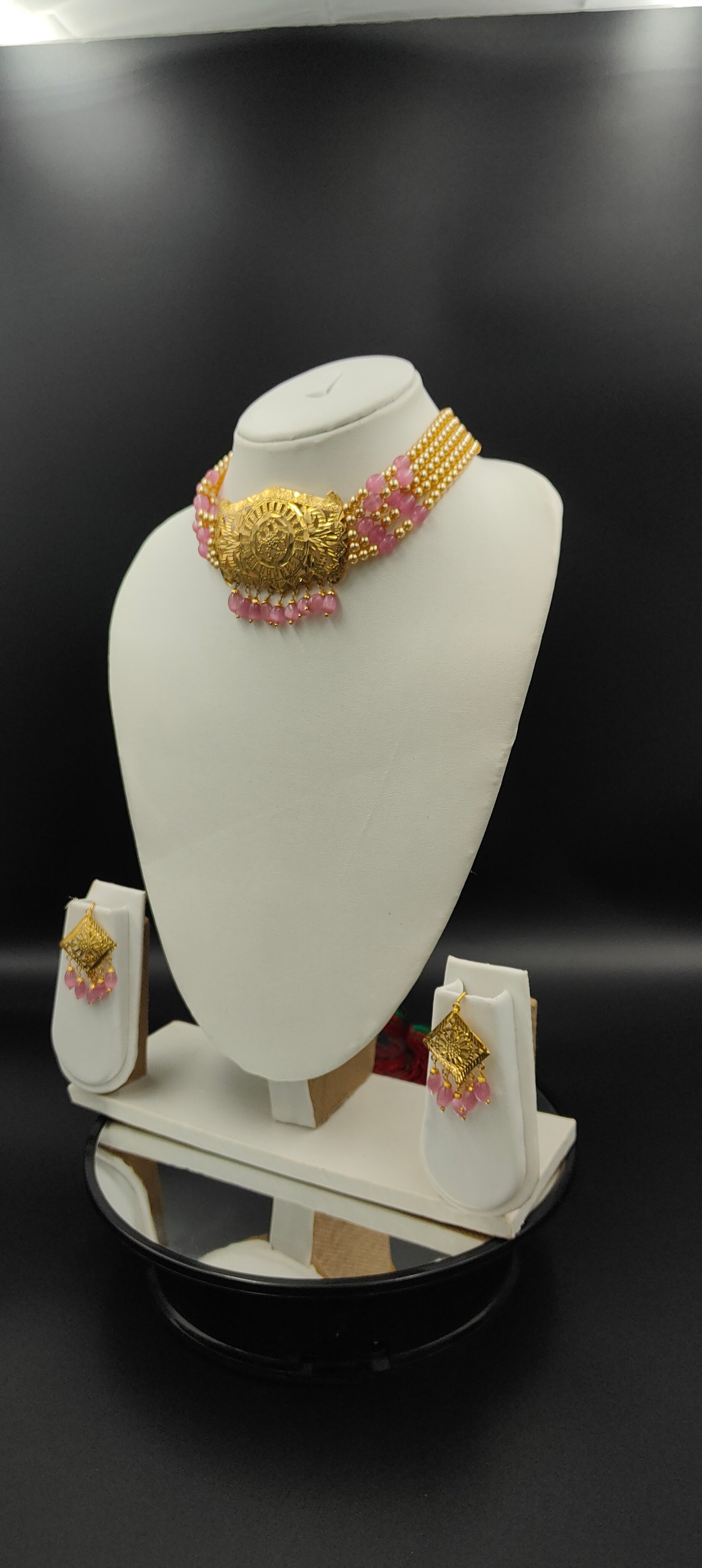 Indian Bridal Choker Necklace Set: Antique Gold, Pink Beads, Traditional Ethnic Wedding Wear