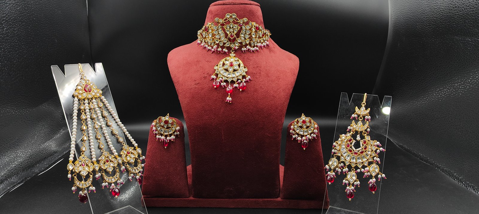 Indian Bridal Kundan Choker Set Gold Wedding Jewelry Red Stone Necklace Maang Tikka Passa Ethnic Designer Set