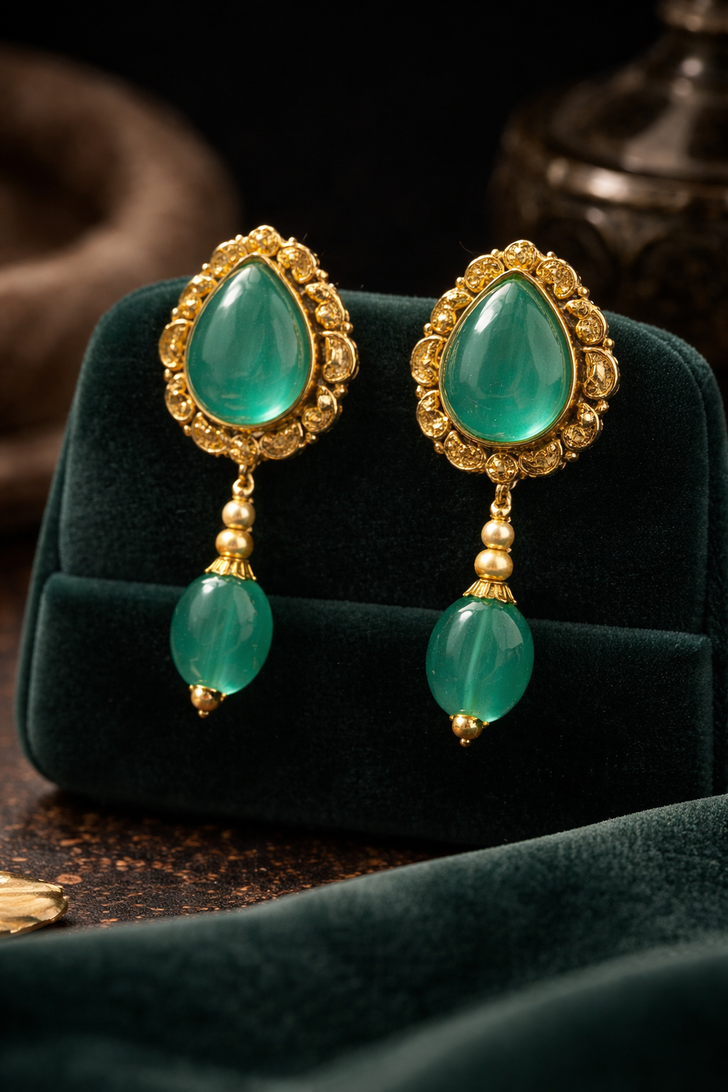 Green Stone Gold Drop Earrings with Pearl Dangles | Traditional Indian Ethnic Jewelry for Women