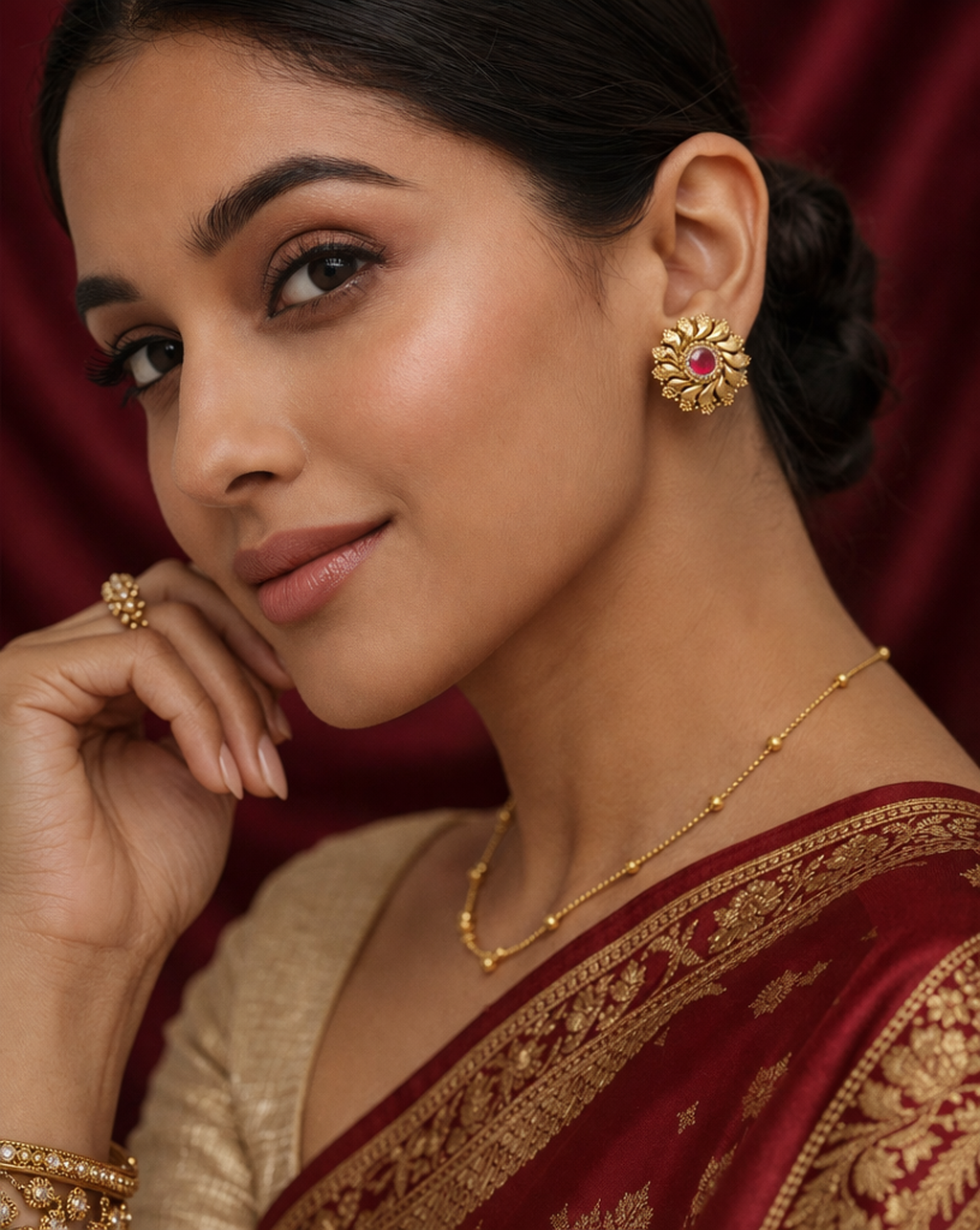 925 Sterling Silver 24k Gold Plated Floral Stud Earrings Ruby Stone Indian Bridal Wedding Jewelry Elegant Gift for Women