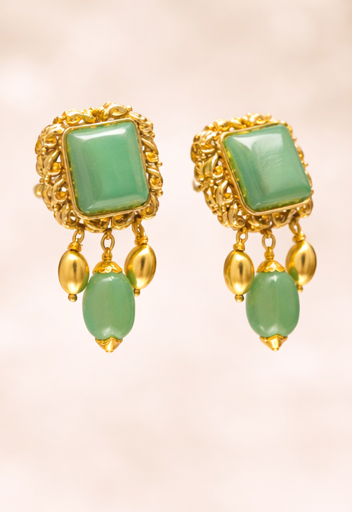 Green Stone Gold Earrings 925 Sterling Silver Earrings Minimal Bridal Jewelry Indian Ethnic Handmade Gift for Women