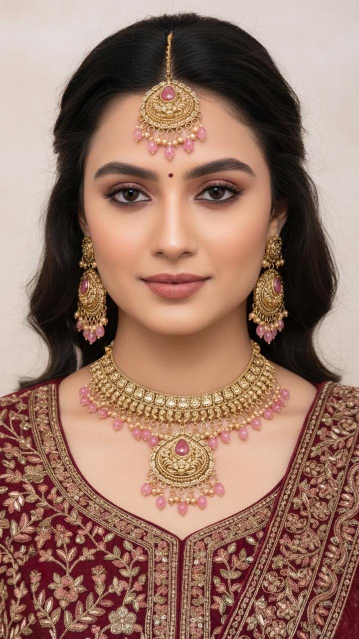 Indian Bridal Kundan Choker Set, Antique Gold Pink Stone Necklace Earrings Maang Tikka