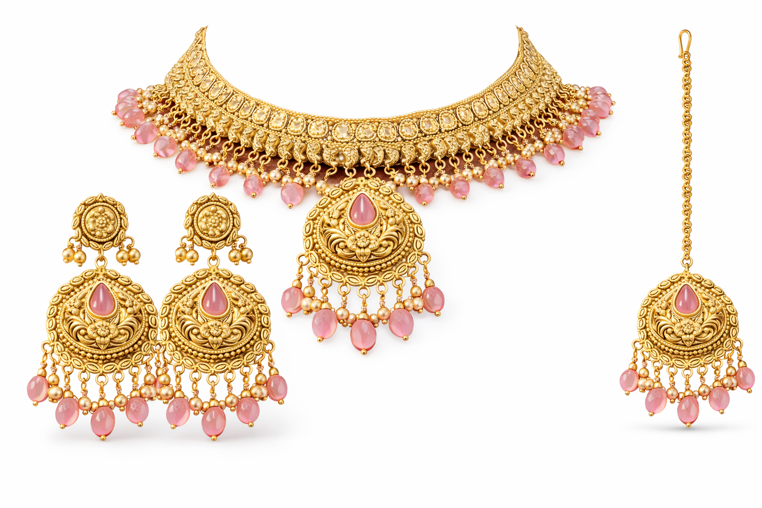 Indian Bridal Kundan Choker Set, Antique Gold Pink Stone Necklace Earrings Maang Tikka