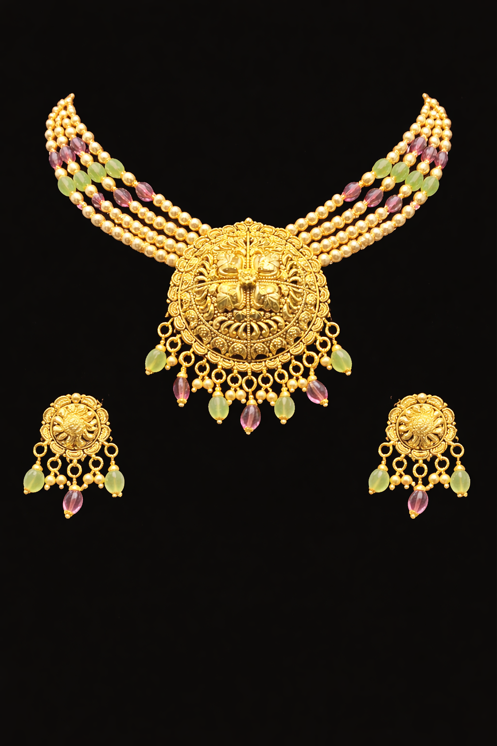 925 Sterling Silver Gold Plated Choker Necklace Set with Earrings | Traditional Temple Jewelry | Bridal Statement Necklace | Green & Pink Beads