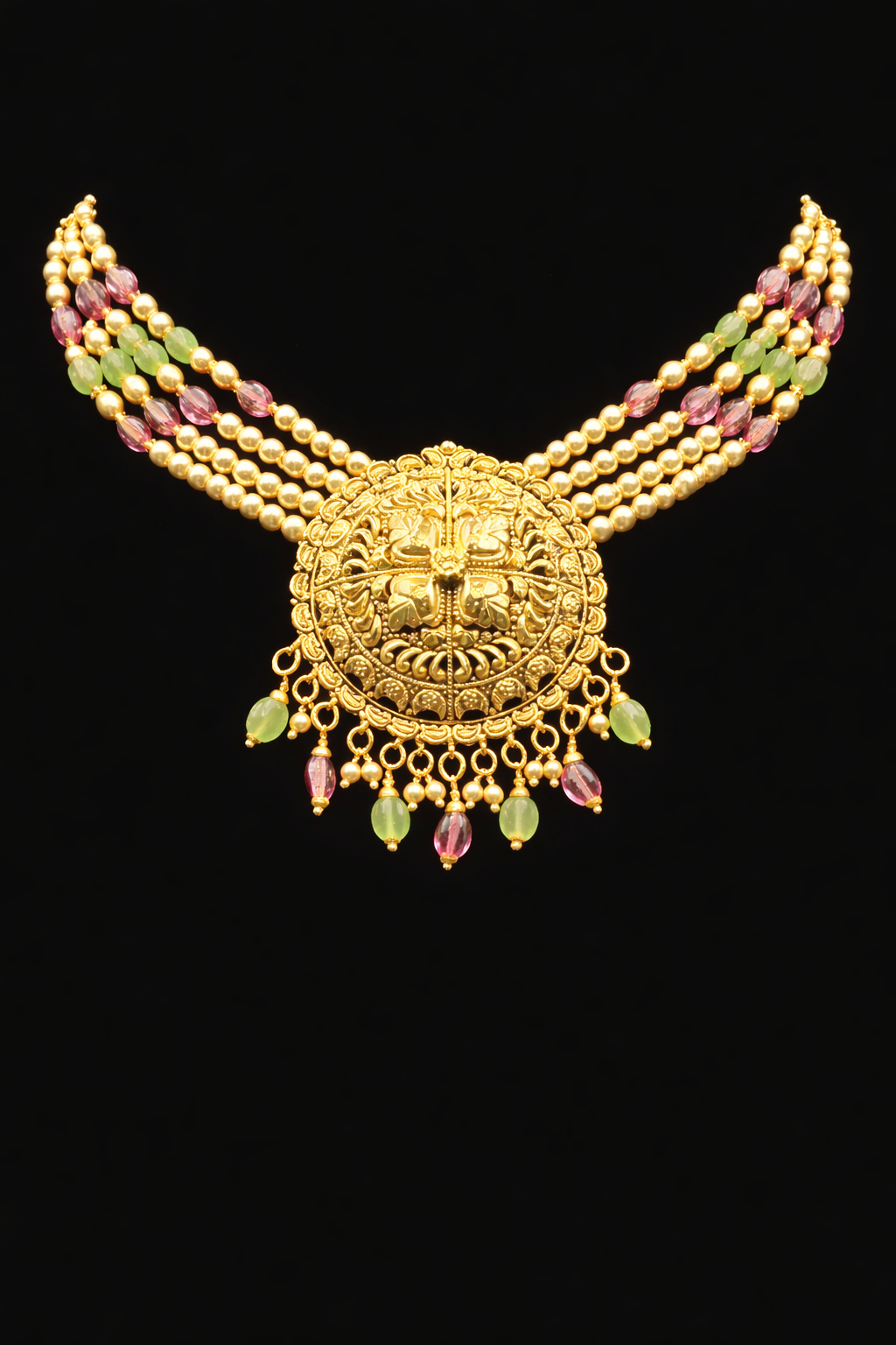 925 Sterling Silver Gold Plated Choker Necklace Set with Earrings | Traditional Temple Jewelry | Bridal Statement Necklace | Green & Pink Beads