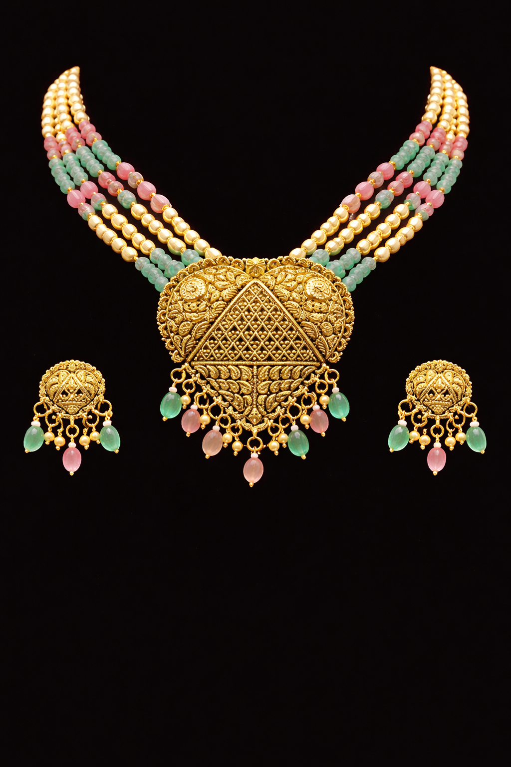 925 Sterling Silver Gold Plated Temple Necklace Set with Earrings | Multi Strand Beaded Choker | Bridal Indian Jewelry | Green Pink Stone Necklace