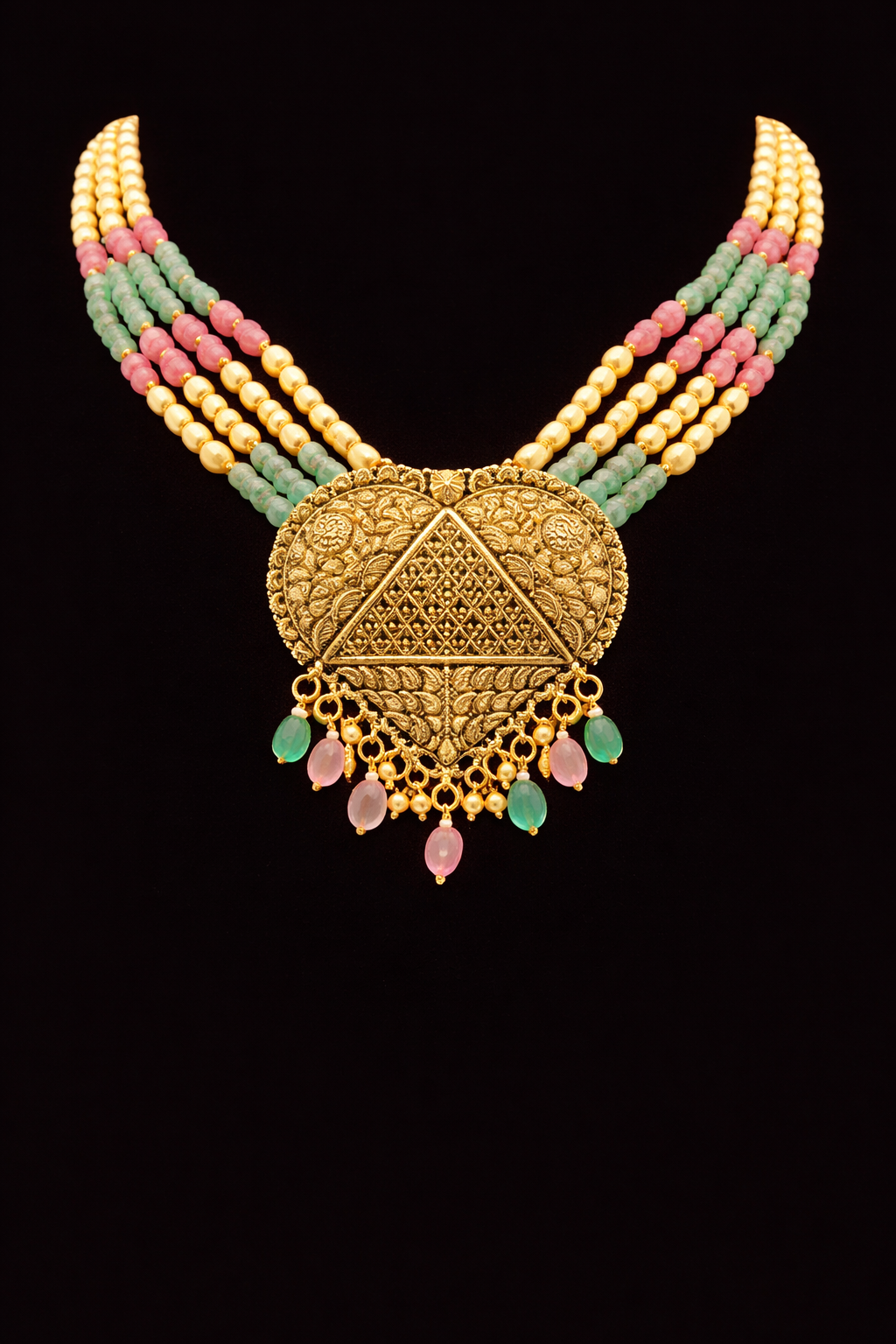 925 Sterling Silver Gold Plated Temple Necklace Set with Earrings | Multi Strand Beaded Choker | Bridal Indian Jewelry | Green Pink Stone Necklace