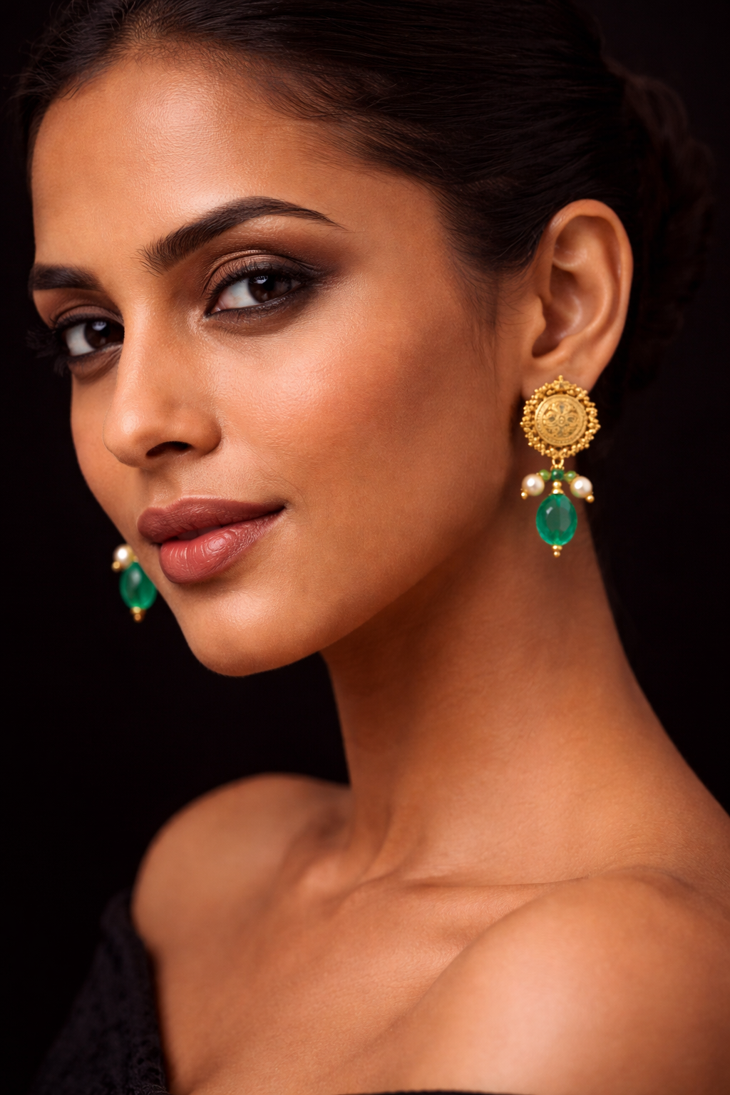 Traditional Gold Drop Earrings with Green Stone & Pearl Dangles | Indian Ethnic Jewelry for Wedding & Festive Wear