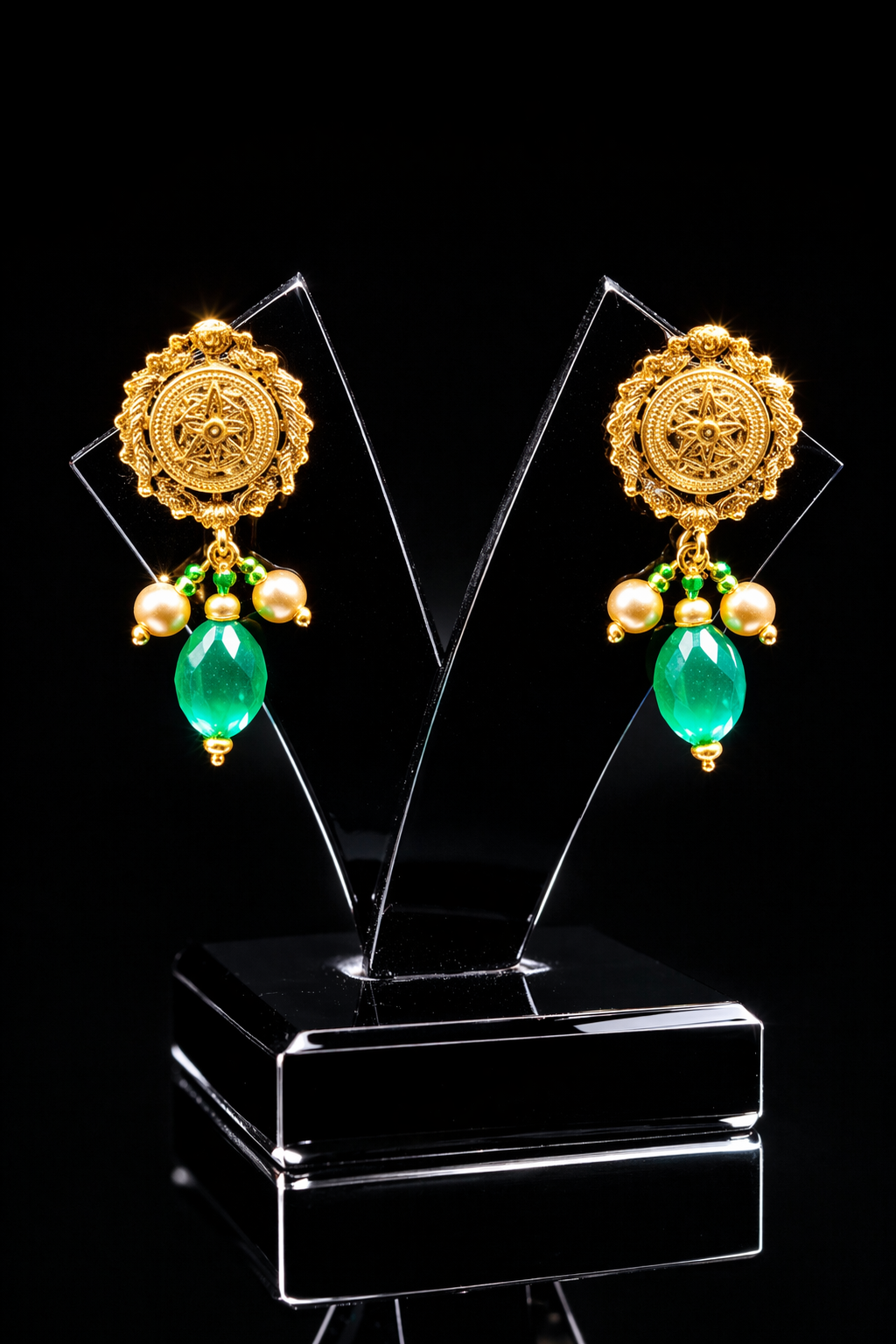 Traditional Gold Drop Earrings with Green Stone & Pearl Dangles | Indian Ethnic Jewelry for Wedding & Festive Wear