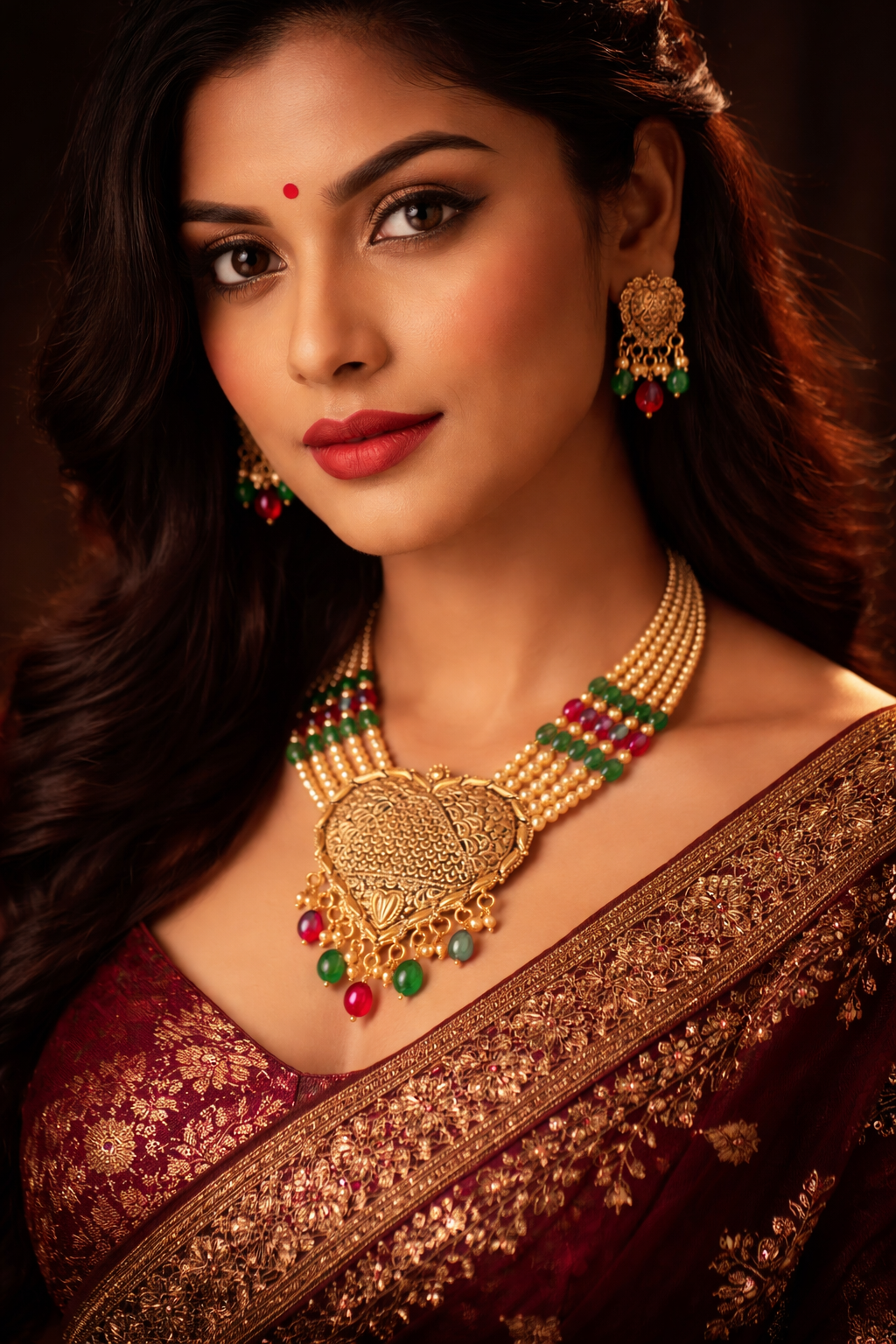 925 Sterling Silver Gold Plated Temple Necklace Set with Earrings | Multi Strand Pearl Choker | Traditional Bridal Jewelry | Green Red Stone Necklace