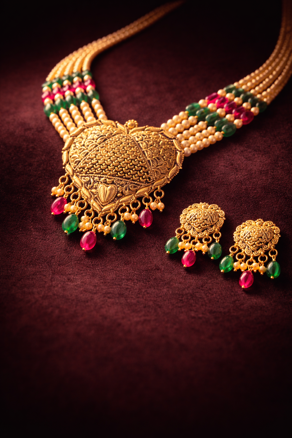 925 Sterling Silver Gold Plated Temple Necklace Set with Earrings | Multi Strand Pearl Choker | Traditional Bridal Jewelry | Green Red Stone Necklace