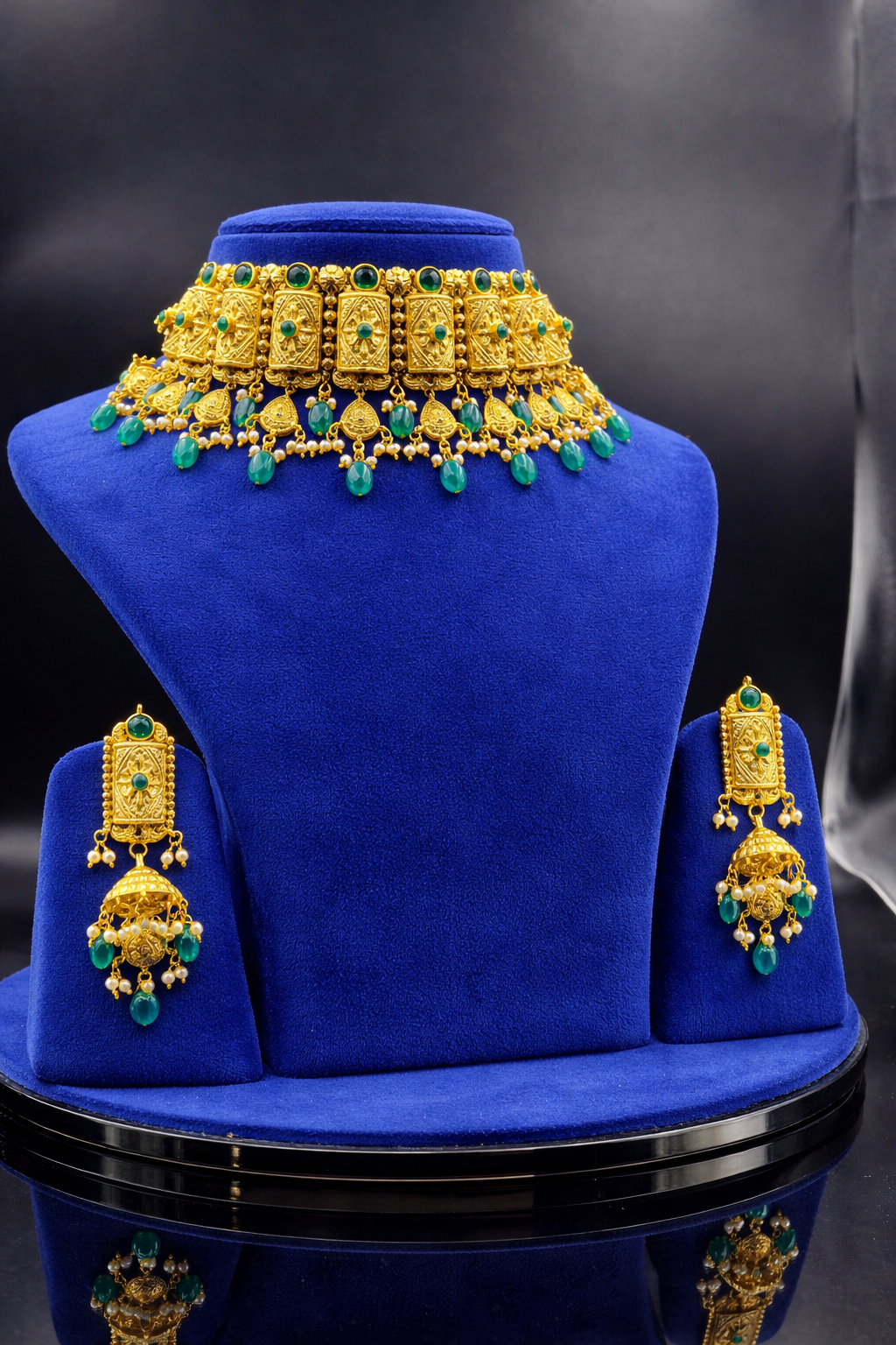 Traditional Temple Choker Necklace Set – 925 Sterling Silver 24K Gold Plated | Emerald Beads Bridal Jewelry | Indian Statement Set