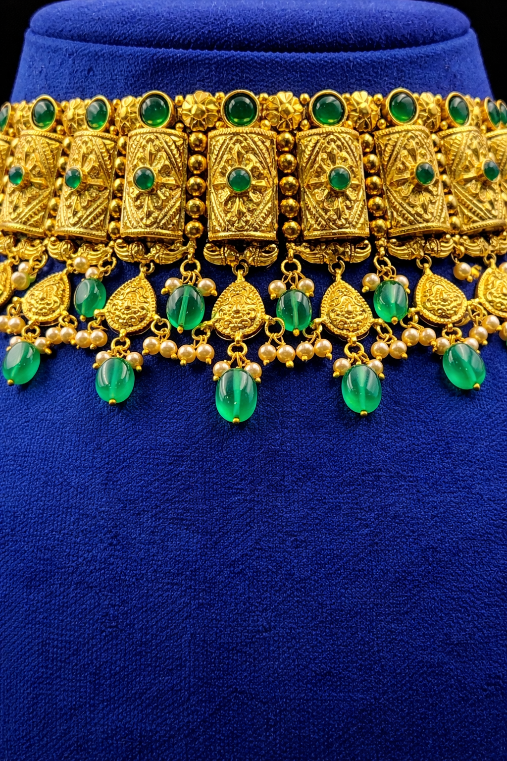 Traditional Temple Choker Necklace Set – 925 Sterling Silver 24K Gold Plated | Emerald Beads Bridal Jewelry | Indian Statement Set