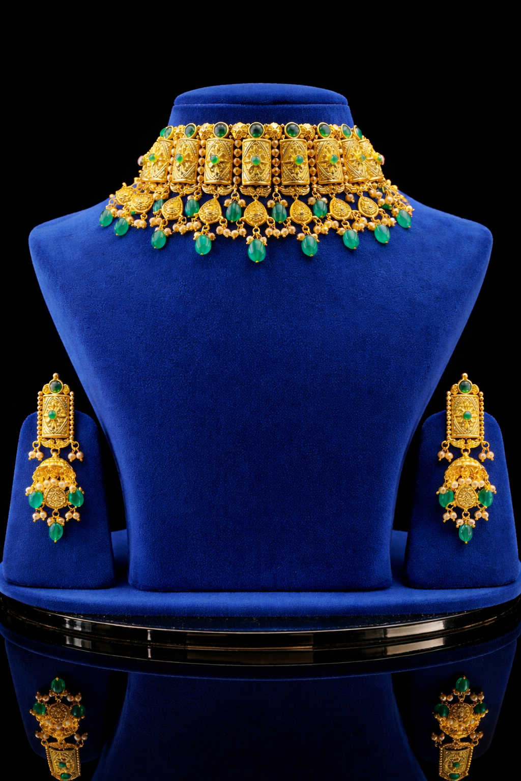 Traditional Temple Choker Necklace Set – 925 Sterling Silver 24K Gold Plated | Emerald Beads Bridal Jewelry | Indian Statement Set