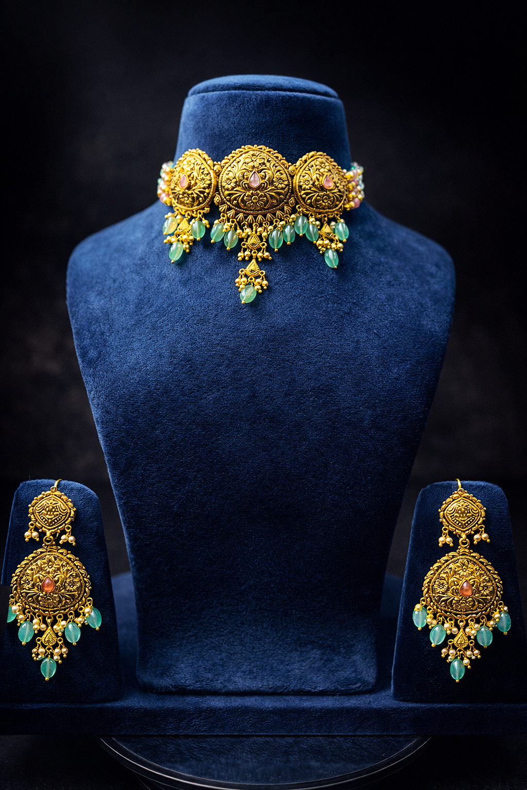 925 Sterling Silver Antique Choker Necklace Set with Green Beads | Gold Plated Ethnic Jewelry | Anantra