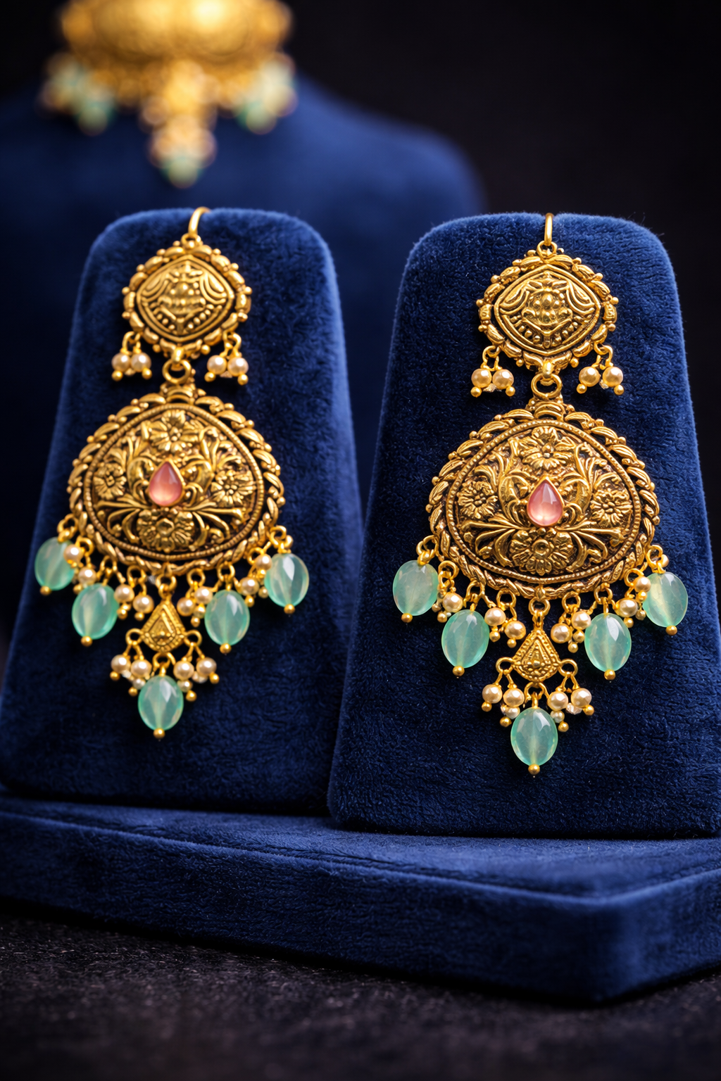 925 Sterling Silver Antique Choker Necklace Set with Green Beads | Gold Plated Ethnic Jewelry | Anantra