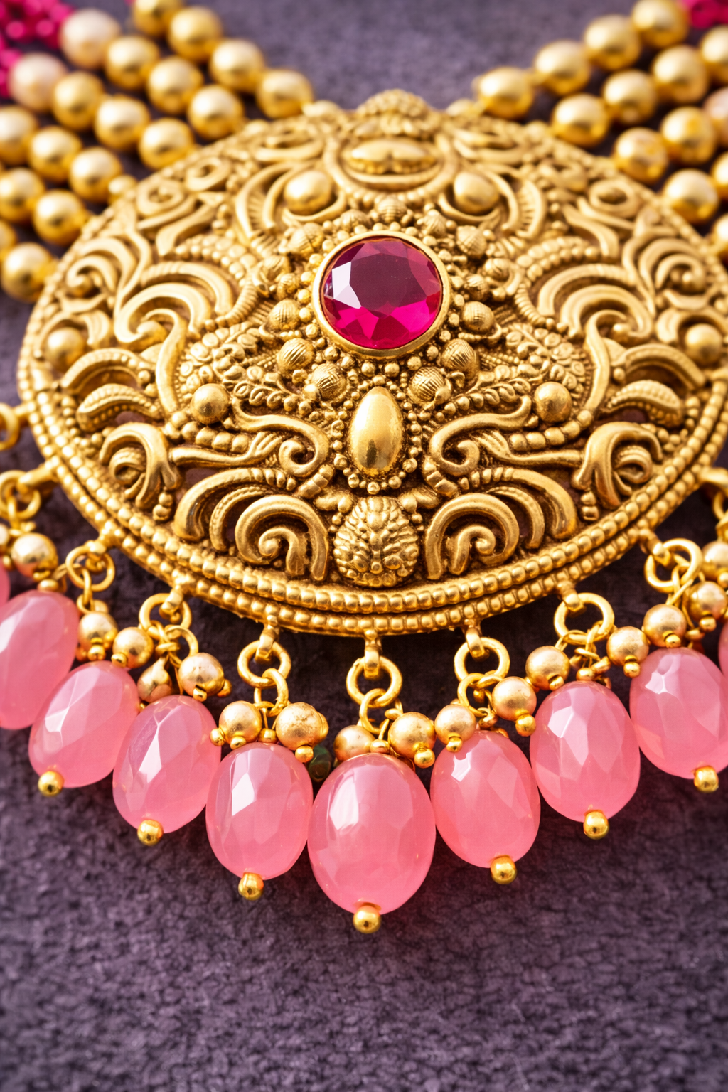 925 Sterling Silver Pink Beads Choker Necklace Set | Gold Plated Ethnic Jewelry | Anantra India