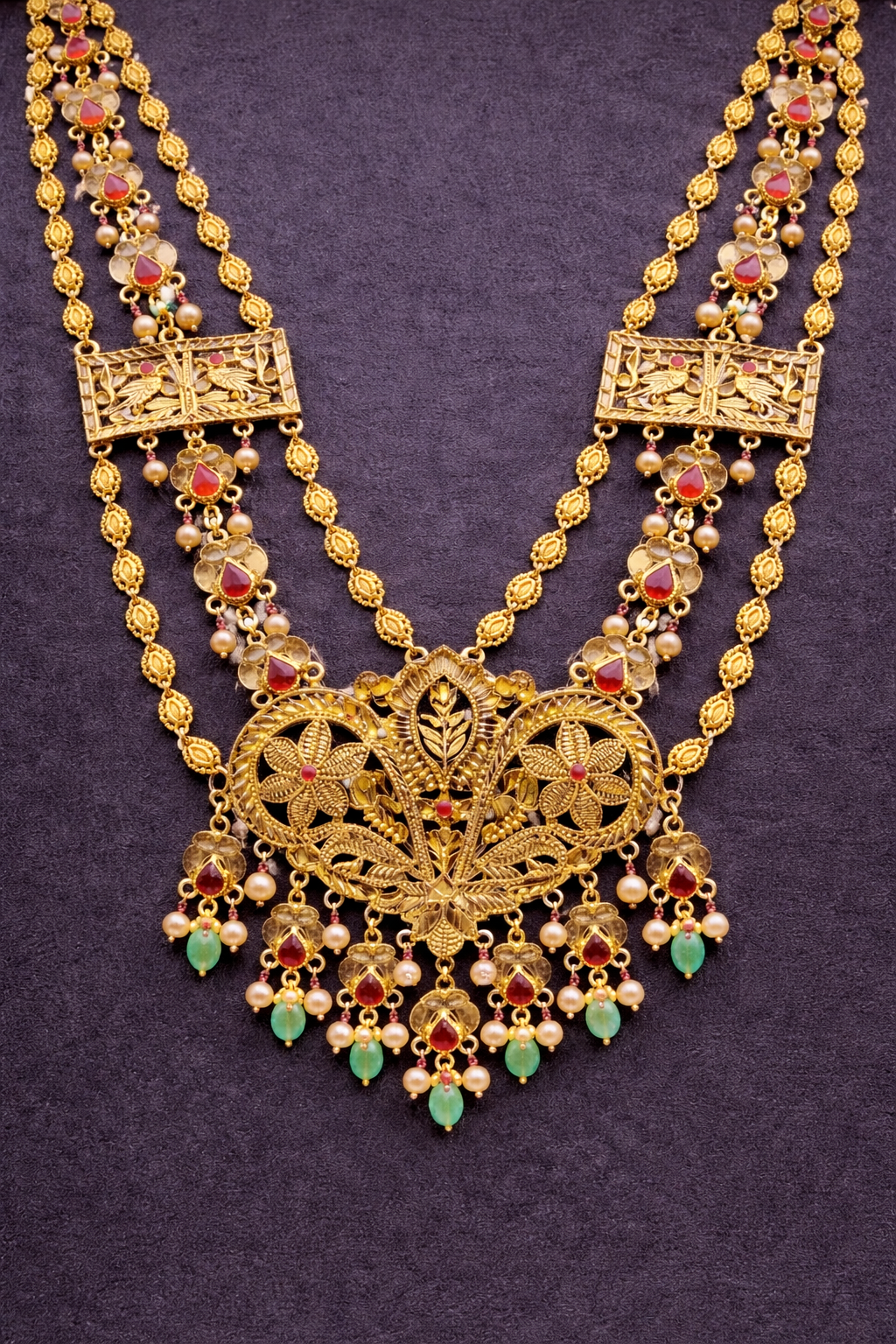 Bridal Maharani  Necklace Set 925 Sterling Silver Gold Plated | Kundan Ruby Green Beads Haar Set | Indian Wedding Jewelry – Anantra