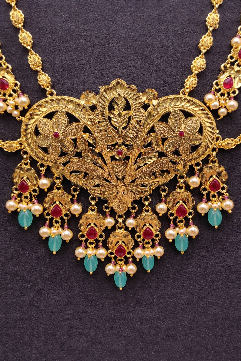 Bridal Maharani  Necklace Set 925 Sterling Silver Gold Plated | Kundan Ruby Green Beads Haar Set | Indian Wedding Jewelry – Anantra