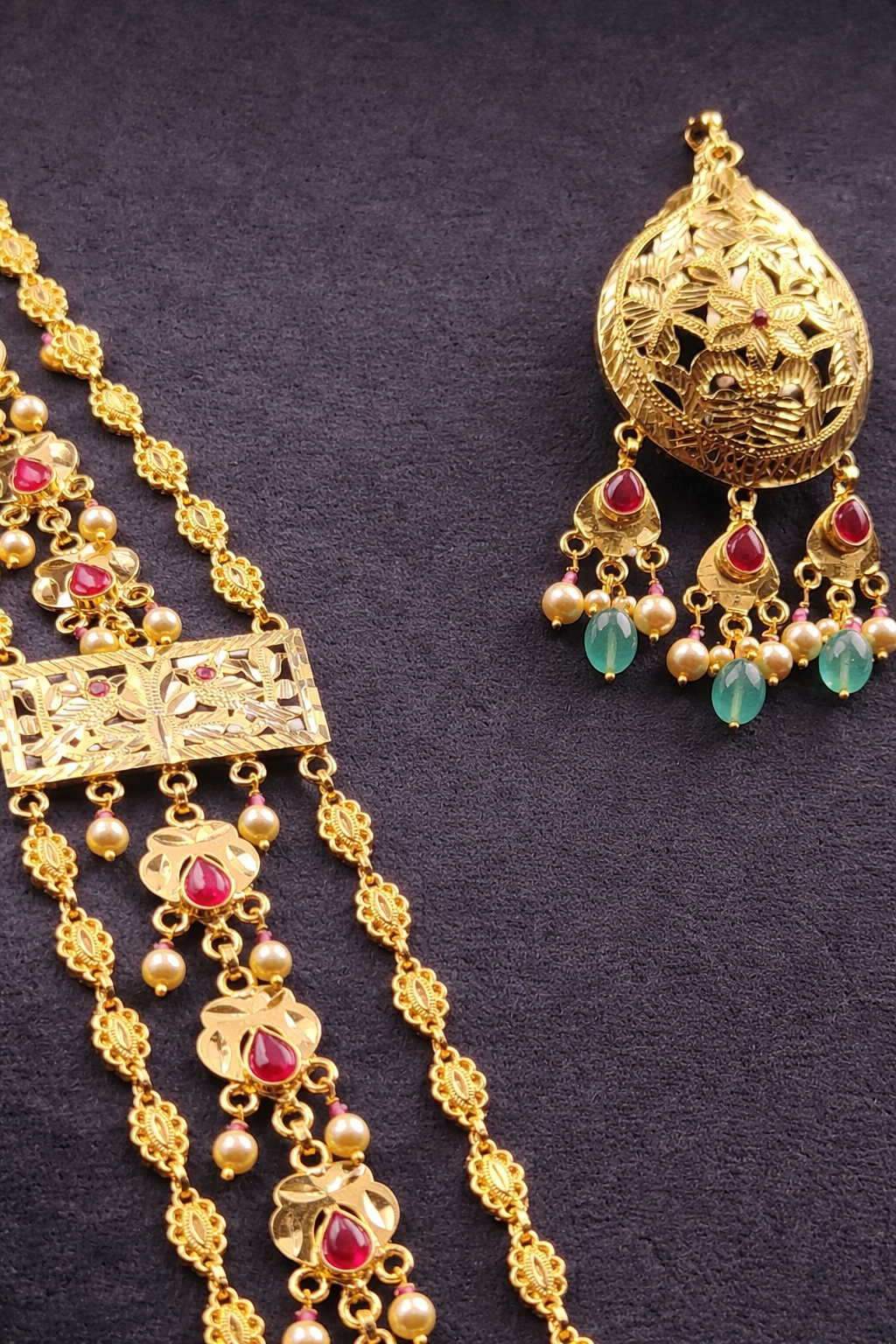 Bridal Maharani  Necklace Set 925 Sterling Silver Gold Plated | Kundan Ruby Green Beads Haar Set | Indian Wedding Jewelry – Anantra