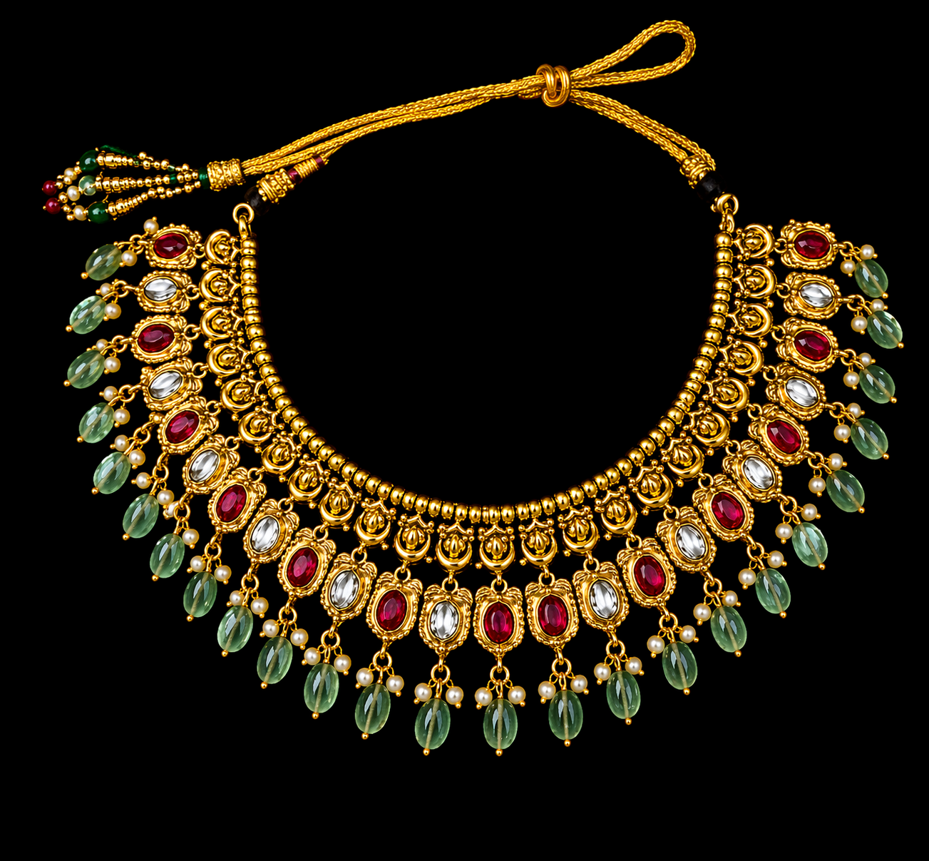 Bridal Polki Necklace Set in 925 Silver Gold Plated | Ruby & Green Beads Jewelry – Anantra
