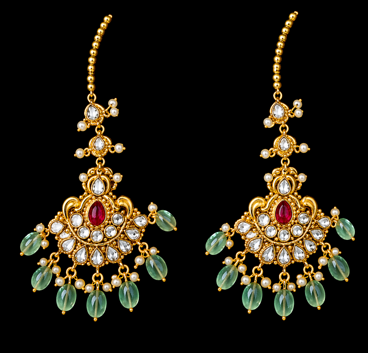 Bridal Polki Necklace Set in 925 Silver Gold Plated | Ruby & Green Beads Jewelry – Anantra
