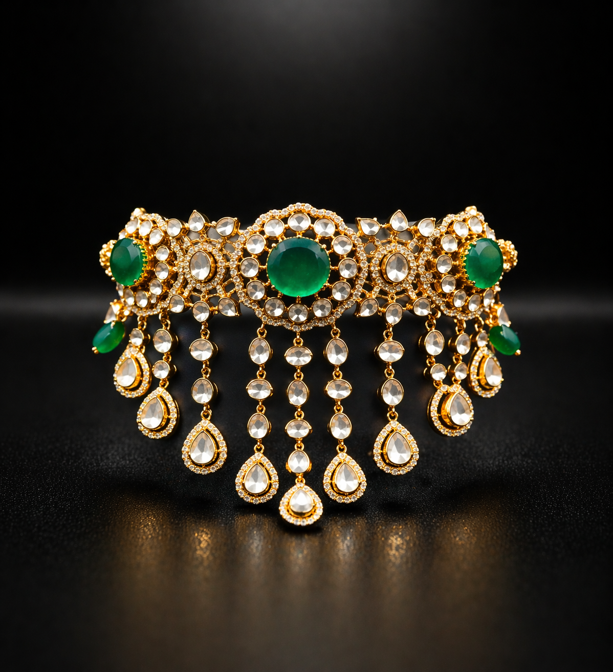 Polki Choker Necklace Set with Emerald Stones – 925 Sterling Silver Gold Plated Bridal Jewelry | Luxury Indian Wedding Set