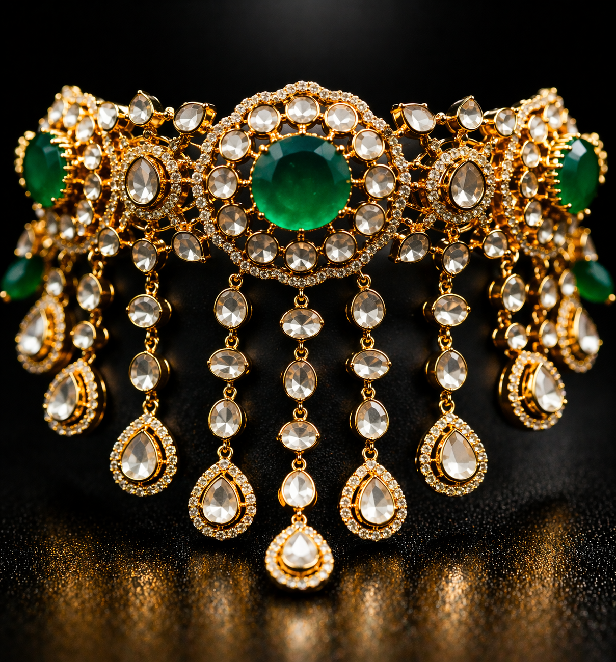 Polki Choker Necklace Set with Emerald Stones – 925 Sterling Silver Gold Plated Bridal Jewelry | Luxury Indian Wedding Set