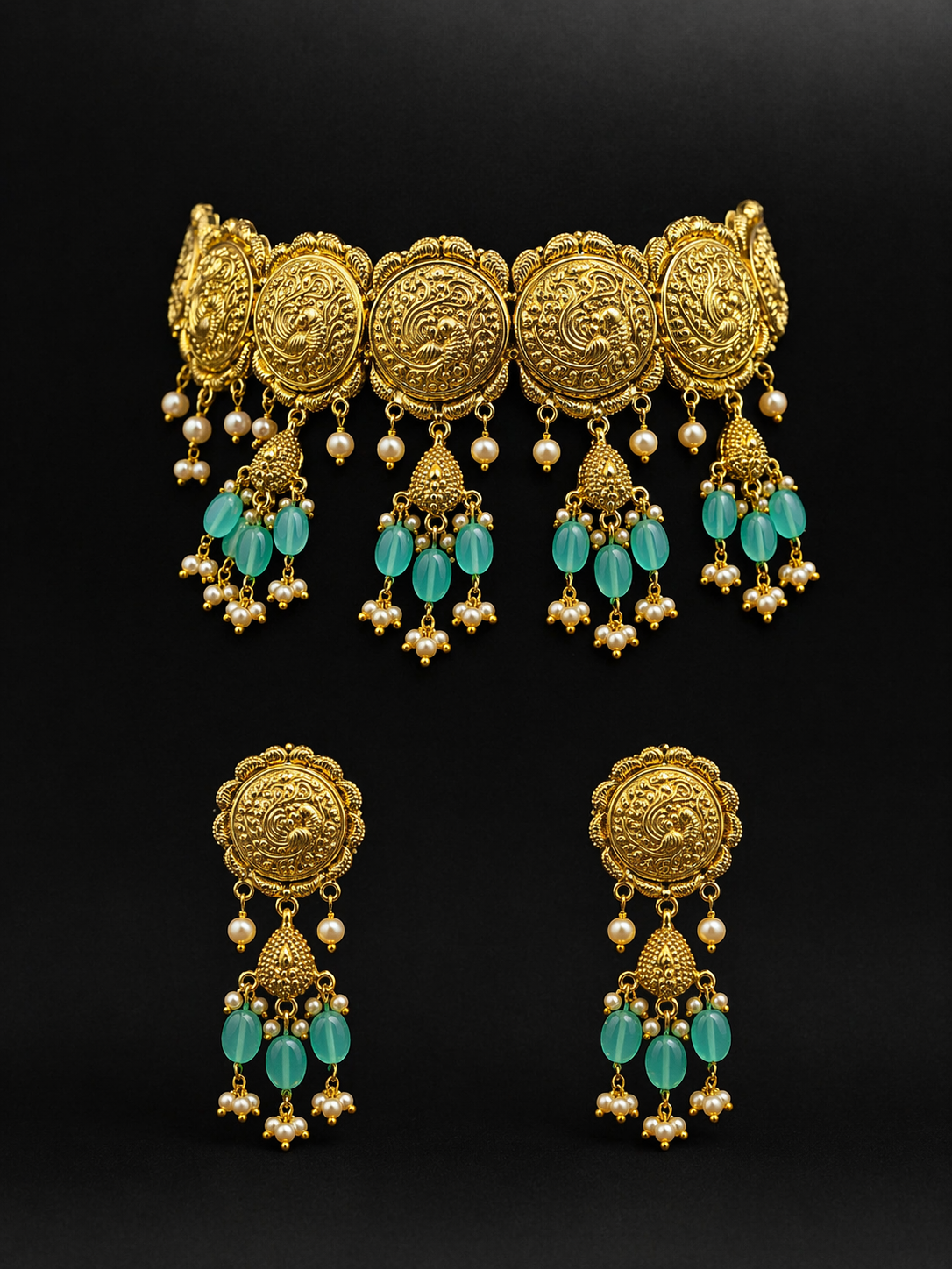 925 Sterling Silver Antique Choker Necklace Set with Green Beads & Pearl Drops | Bridal Temple Jewelry | Anantra