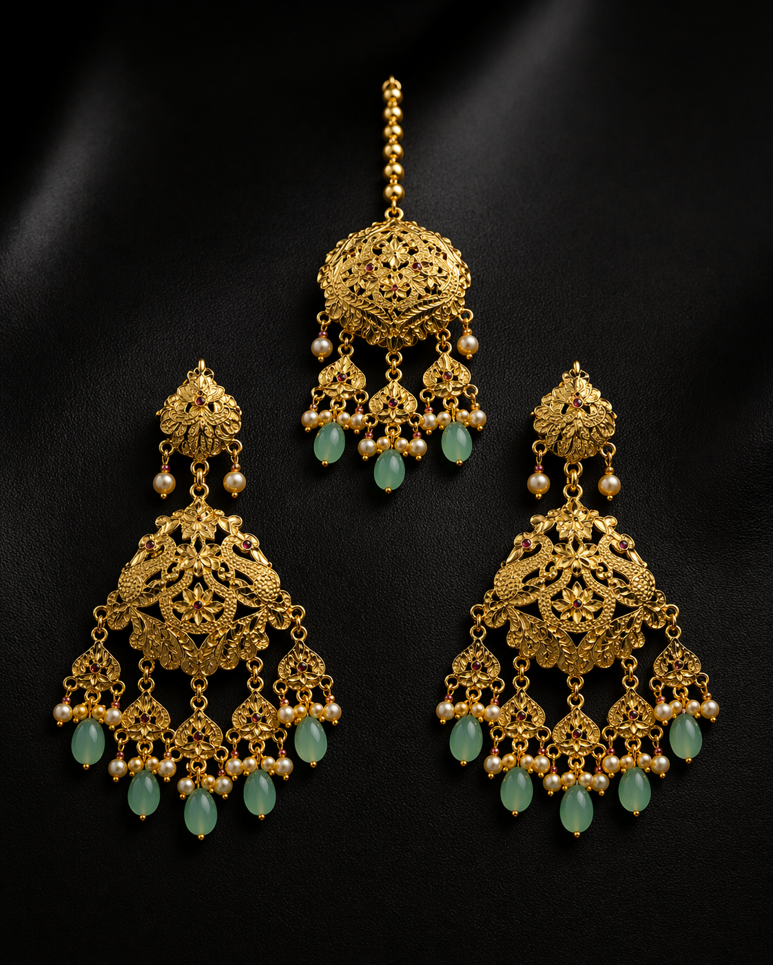 925 Sterling Silver Raani Haar Necklace Set with Maang Tikka, Green Beads & Pearl Drops | Antique Bridal Jewelry | Anantra