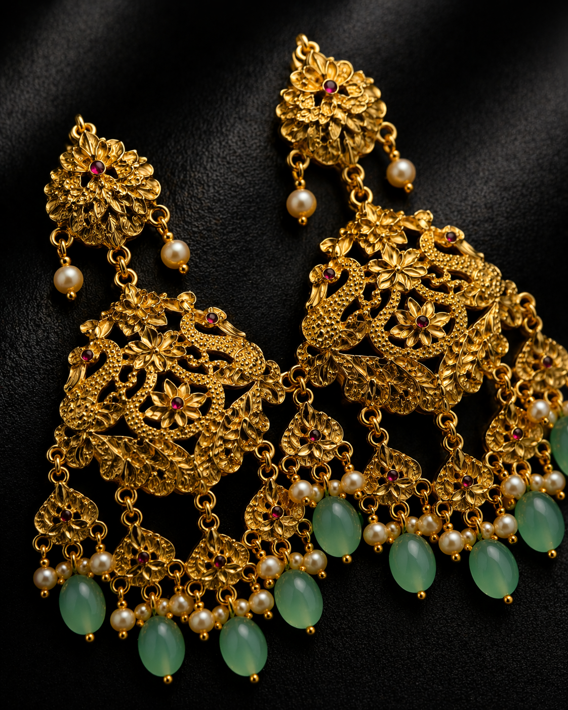 925 Sterling Silver Raani Haar Necklace Set with Maang Tikka, Green Beads & Pearl Drops | Antique Bridal Jewelry | Anantra