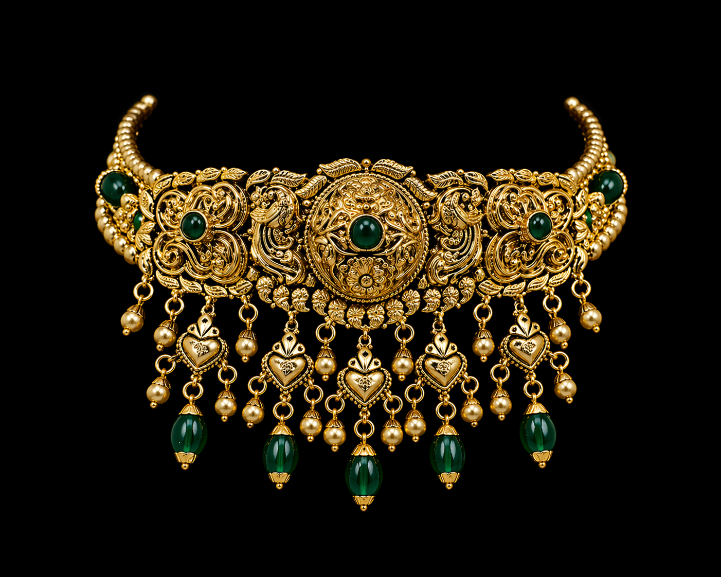 925 Sterling Silver Antique Choker Necklace Set with Green Stones & Pearl Drops | Bridal Temple Jewelry | Anantra