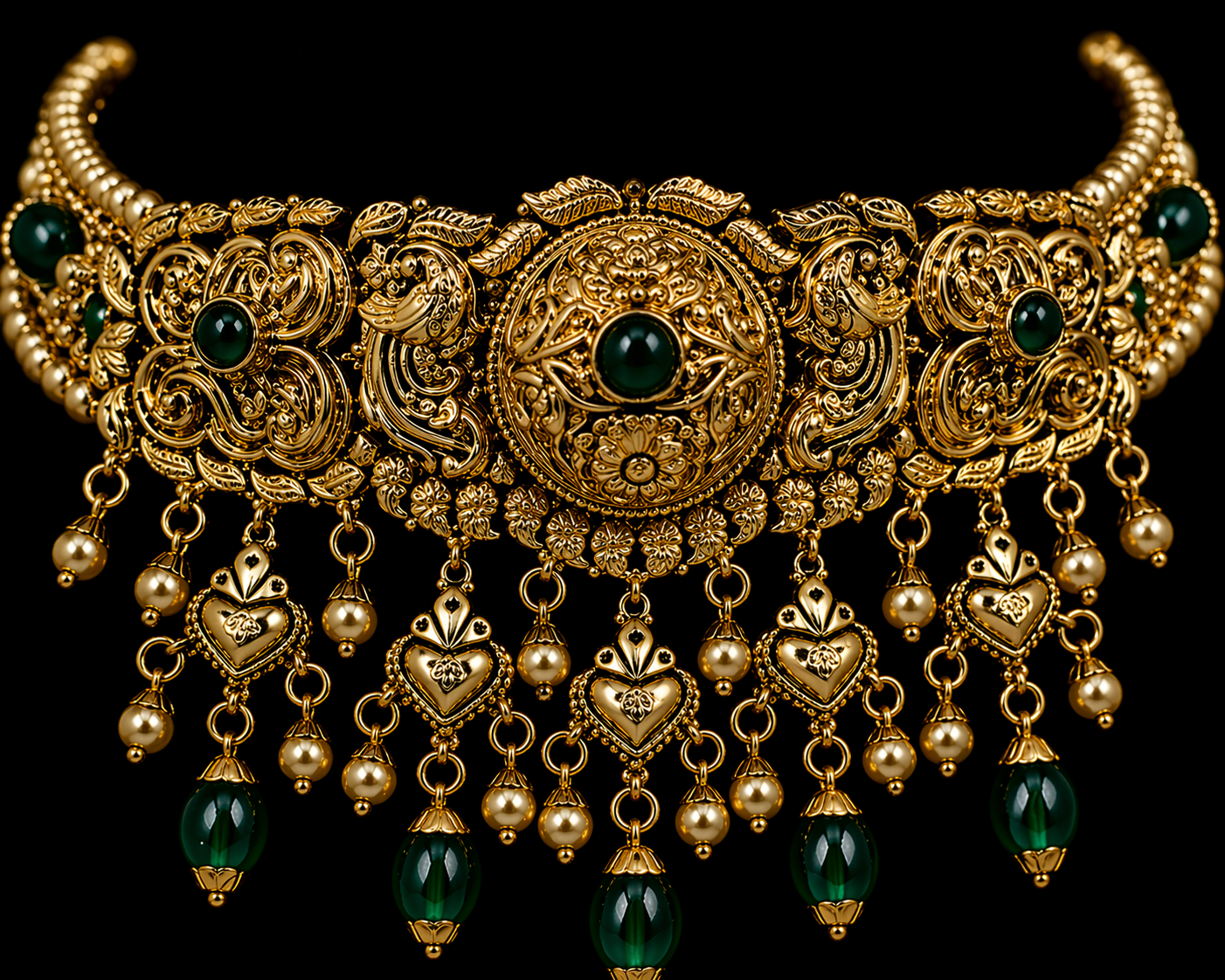 925 Sterling Silver Antique Choker Necklace Set with Green Stones & Pearl Drops | Bridal Temple Jewelry | Anantra