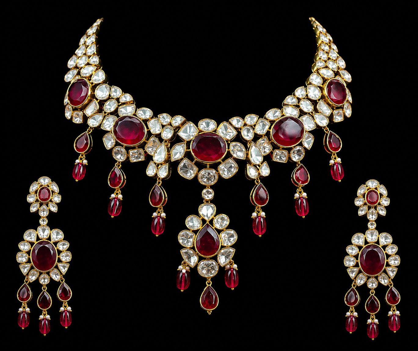 Luxury Polki Choker Necklace Set with Ruby Stones | Bridal Wedding Jewelry | Anantra