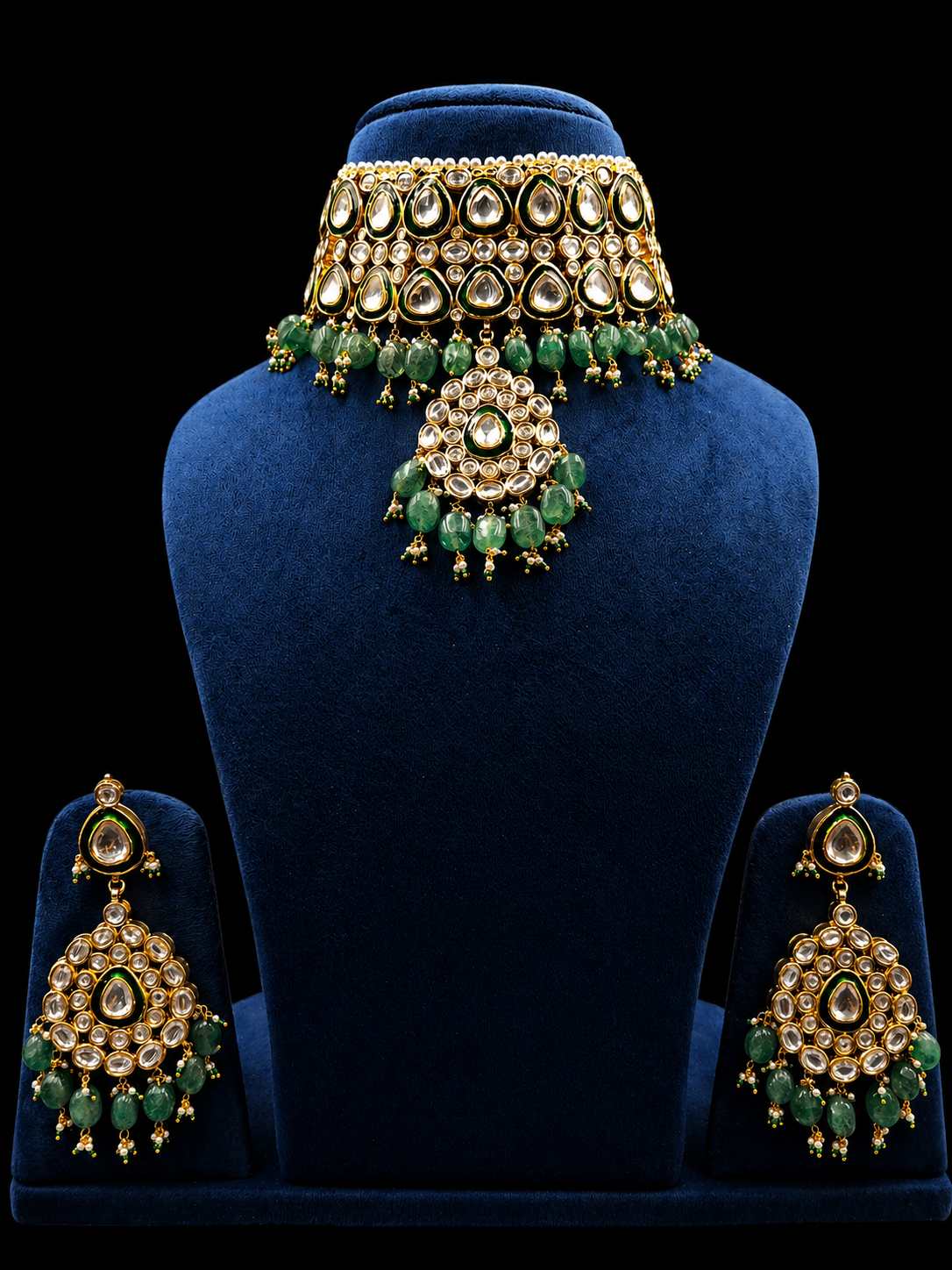 Green Polki Choker Necklace Set with Emerald Beads | Bridal Wedding Jewelry | Anantra
