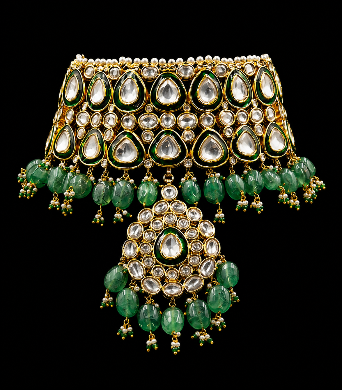 Green Polki Choker Necklace Set with Emerald Beads | Bridal Wedding Jewelry | Anantra