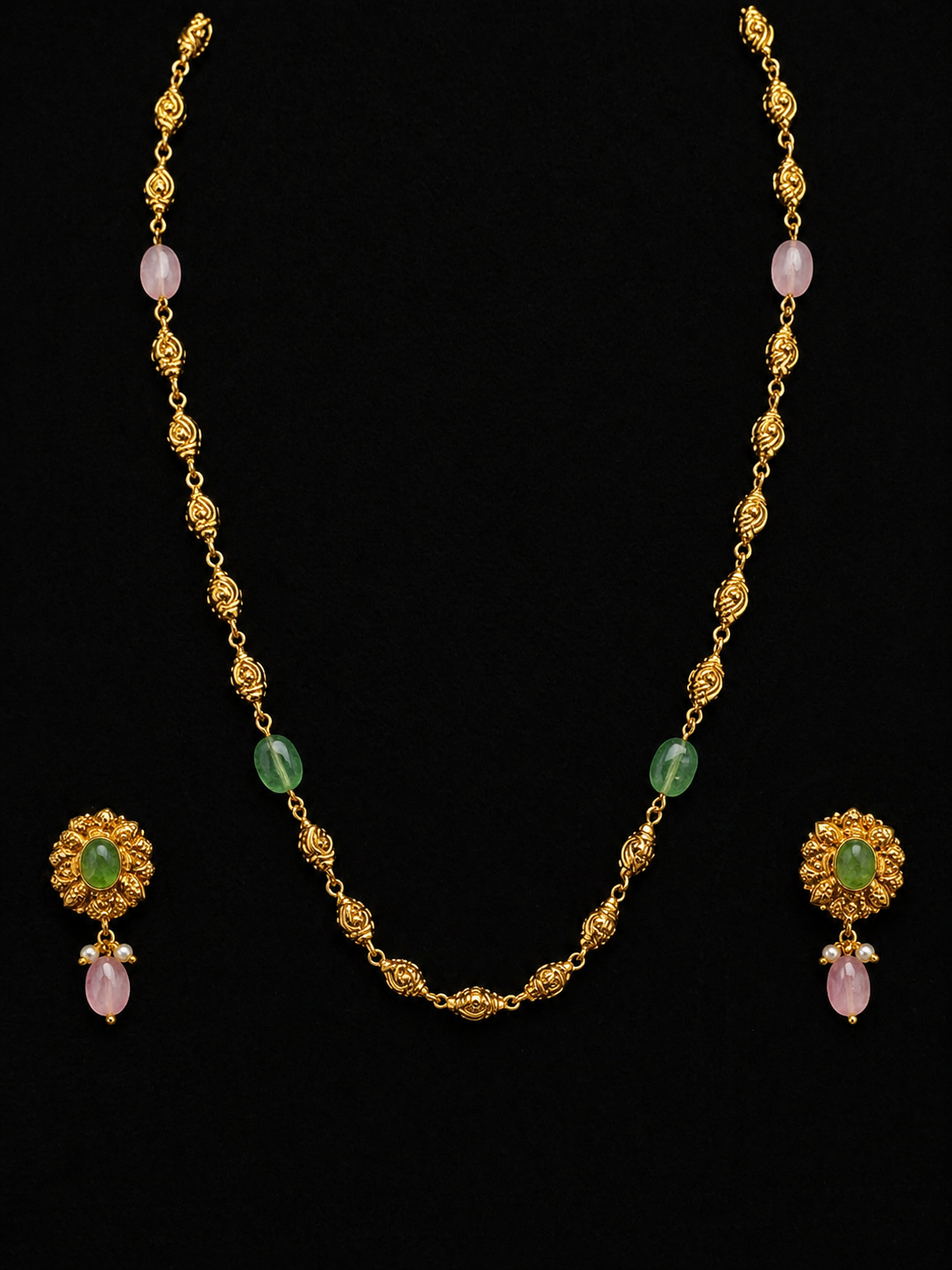Antique Gold Tone Necklace Set with Green & Pink Stones | 925 Srerling Silver | Elegant Ethnic Jewelry Set | Anantra