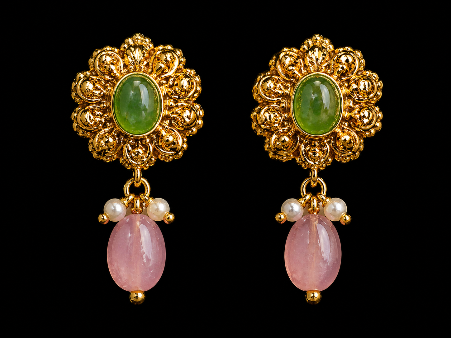 Antique Gold Tone Necklace Set with Green & Pink Stones | 925 Srerling Silver | Elegant Ethnic Jewelry Set | Anantra