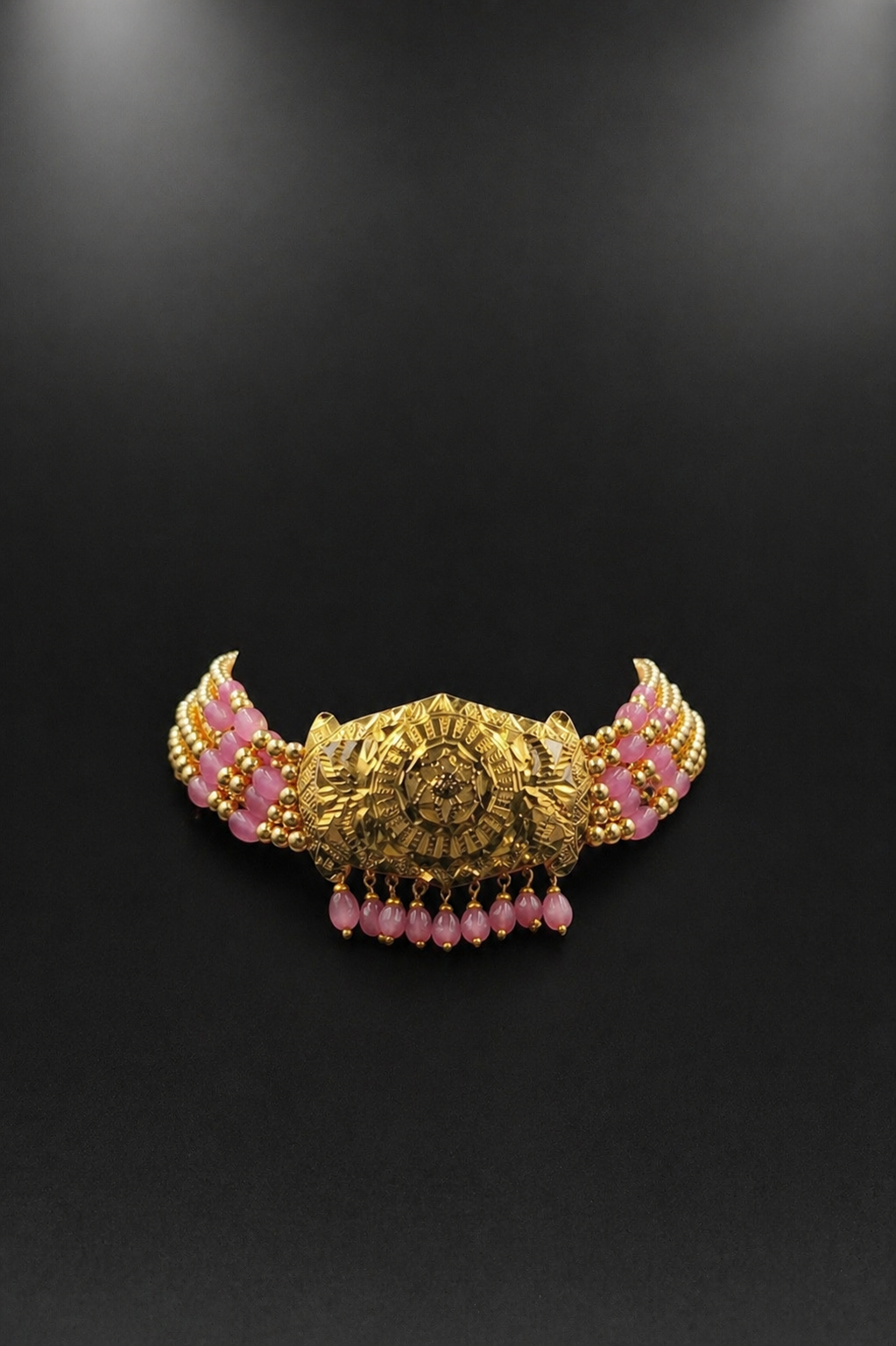 Indian Bridal Choker Necklace Set: Antique Gold, Pink Beads, Traditional Ethnic Wedding Wear