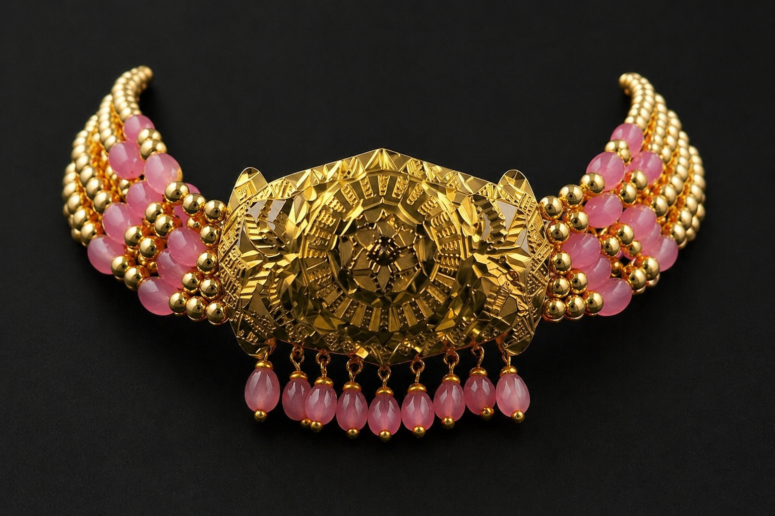 Indian Bridal Choker Necklace Set: Antique Gold, Pink Beads, Traditional Ethnic Wedding Wear