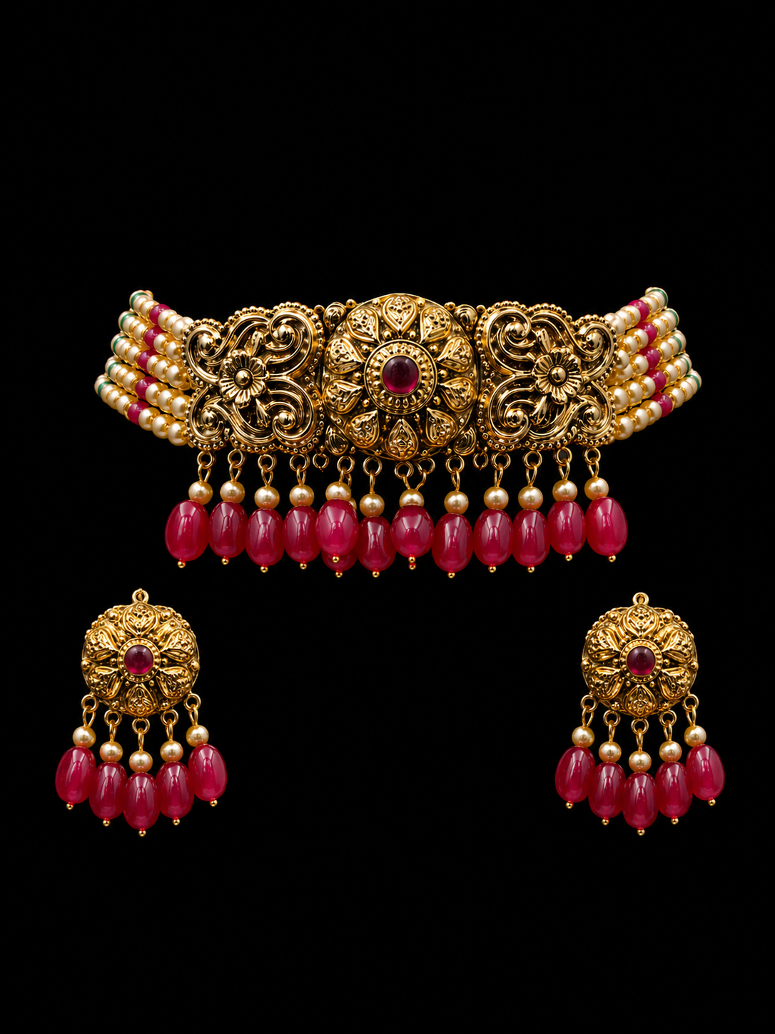 925 Sterling Silver Antique Choker Necklace Set with Ruby Beads & Pearl Detailing – Luxury Traditional Jewelry