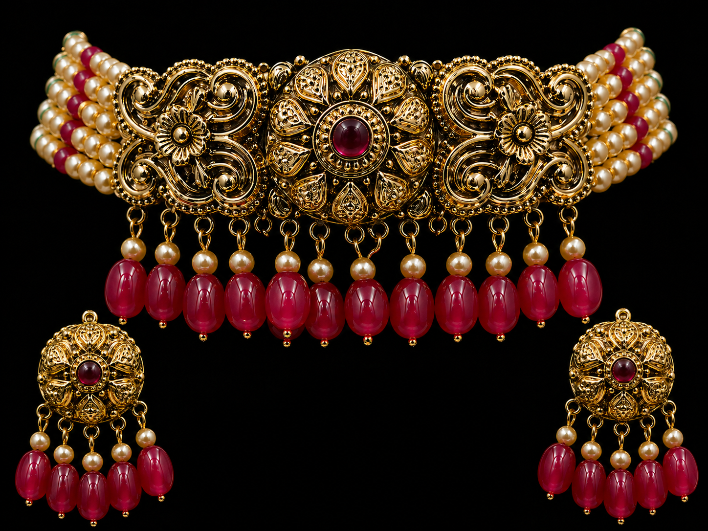 925 Sterling Silver Antique Choker Necklace Set with Ruby Beads & Pearl Detailing – Luxury Traditional Jewelry