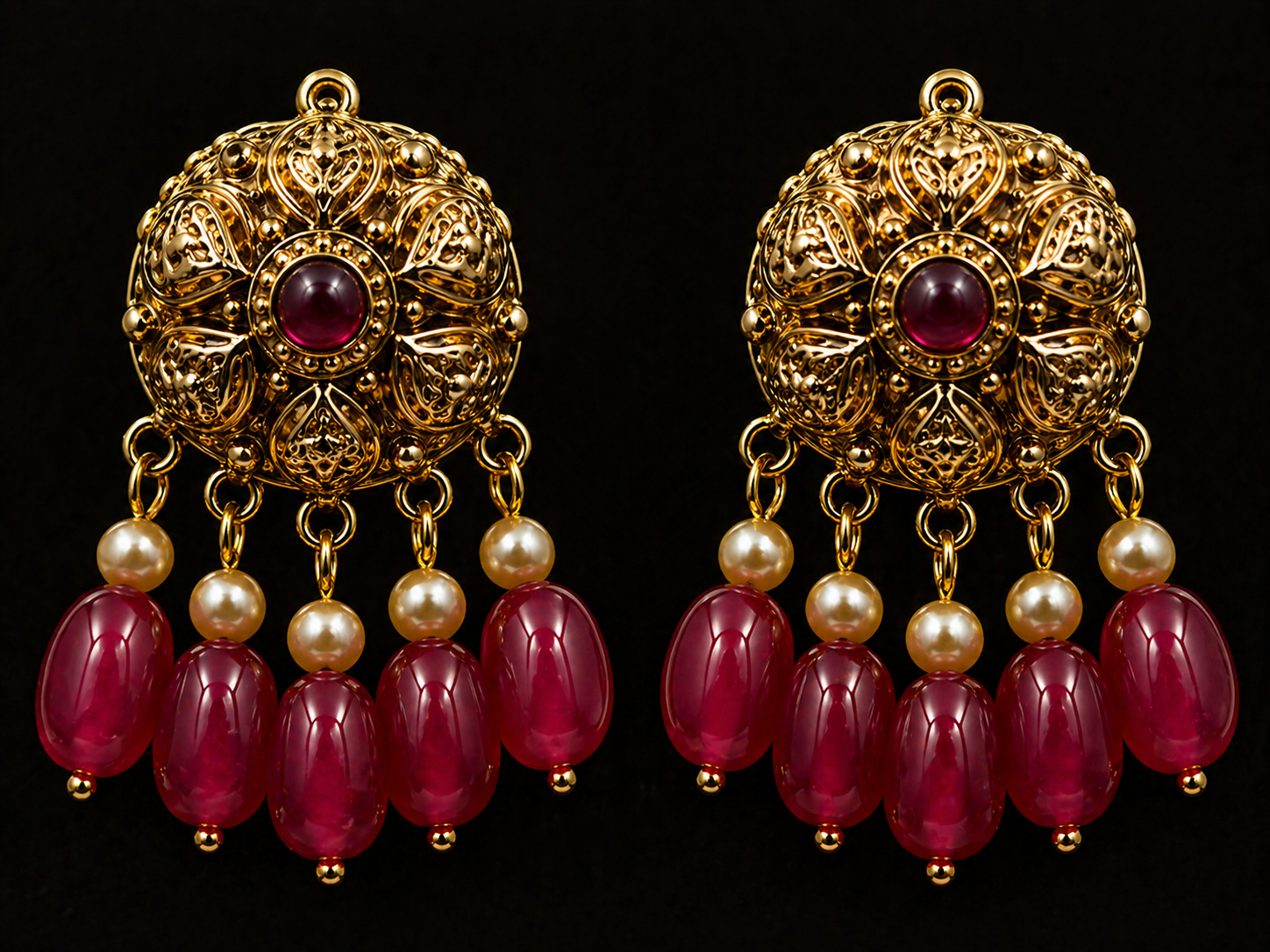 925 Sterling Silver Antique Choker Necklace Set with Ruby Beads & Pearl Detailing – Luxury Traditional Jewelry