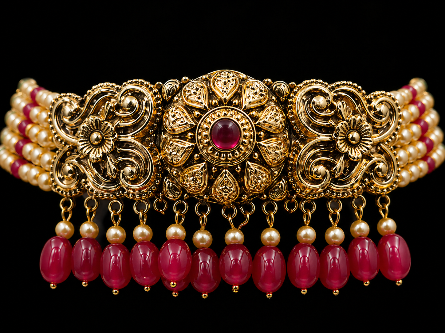925 Sterling Silver Antique Choker Necklace Set with Ruby Beads & Pearl Detailing – Luxury Traditional Jewelry
