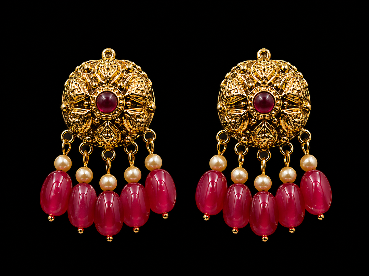 925 Sterling Silver Antique Choker Necklace Set with Ruby Beads & Pearl Detailing – Luxury Traditional Jewelry
