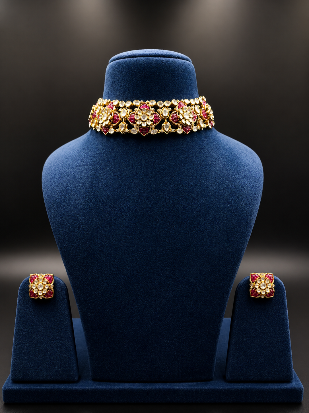 925 Sterling Silver Polki Choker Necklace Set with Ruby Stones | Bridal Traditional Jewelry